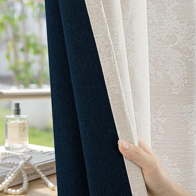 FMFUNCTEX Beige Floral Jacquard Blackout Curtains 63 Inch Length for Bedroom, Scroll Flower Chenille Farmhouse Curtains for Living Room Darkening Thermal Insulated Grommet Window Drapes 2 Panels