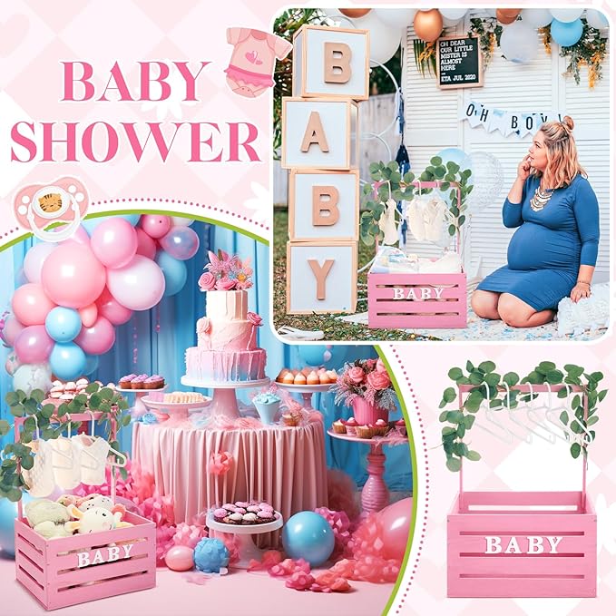 Barydat Wooden Baby Shower Crate Closet, Baby Basket with Handle, Personalized Basket Gifts, Easy Assembly Baskets for Newborn Boy Girl Welcome Gift for New Mom Parents(Pink)