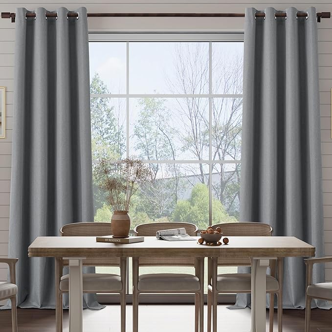 100% Blackout Linen Textured Curtains 95 Inch Length 2 Panels Set for Living Room, Bedroom, Light Weight Curtains with Grommets Top, Full Blackout Curtains Privacy Protection, Gray, 52" W x 95" L