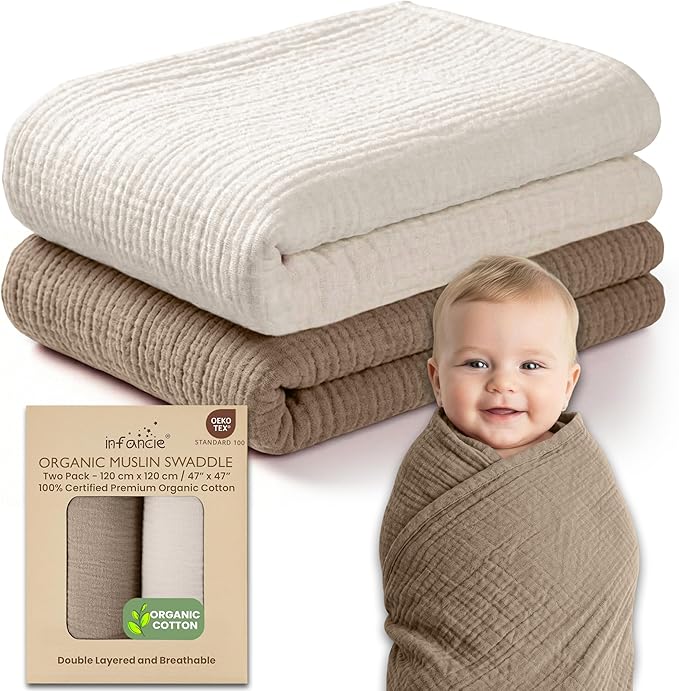 100% Organic Cotton Muslin Baby Blanket - 47 x 47 Inch Breathable Baby Girl Swaddle Blanket, Hypoallergenic Double-Layer, Soft and Cozy Baby Blankets for Sleeping & Everyday Use (Olive/Ivory)