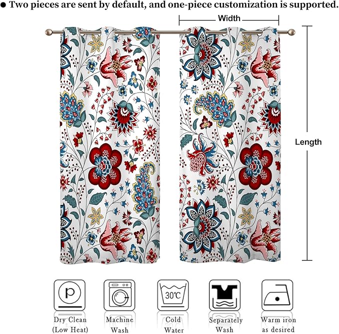 Renaiss Boho Floral Blackout Curtains, Bohemian Flower Plant Print Thermal Insulated Bedroom Window Curtains, Botanical Art Window Curtains for Kitchen, 55" L x 29" W 2 Panel Set
