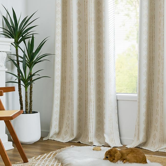 jinchan 95% Blackout Curtains Boho Curtains for Bedroom Living Room 90 Inch Long Grommet Top Thermal Insulated Beige Curtains Modern Room Darkening Drapes Window Curtain Set 2 Panels