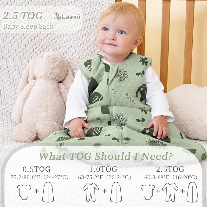 Looxii Baby Sleep Sack 0-6 Months 2.5 TOG Baby Wearable Blanket, Cotton Quilted Newborn Sleeping Bag 2-Way Zipper Warm Toddler Sleeping Sack for Winter