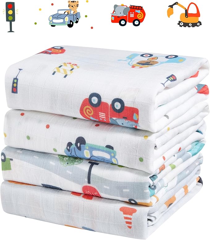4-Pack 100% Cotton Muslin Swaddle Blankets, Large 47 x 47 Inches — Breathable Soft Receiving Blankets for Newborns, Swaddling Wraps, Registry Gift (Construction Car Adventure)
