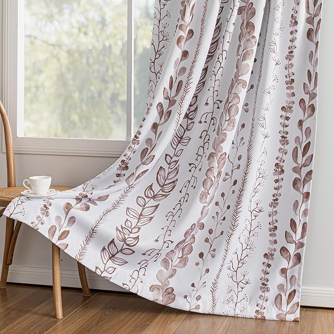 MEETSKY Boho Brown Blackout Curtains for Bedroom, Thermal Insulated Privacy Protection Back Tab Curtains 84 Inches Length for Living Room, Leaf Pattern, 2 Panels, 50" Wide Each