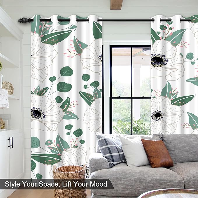 Blackout Curtains for Bedroom and Living Room, White Floral Black Out Curtains 84 Inch Length 2 Panels Set, Room Darkening Thermal Insulated Privacy Soundproof Farmhouse Patterned Grommet Drapes
