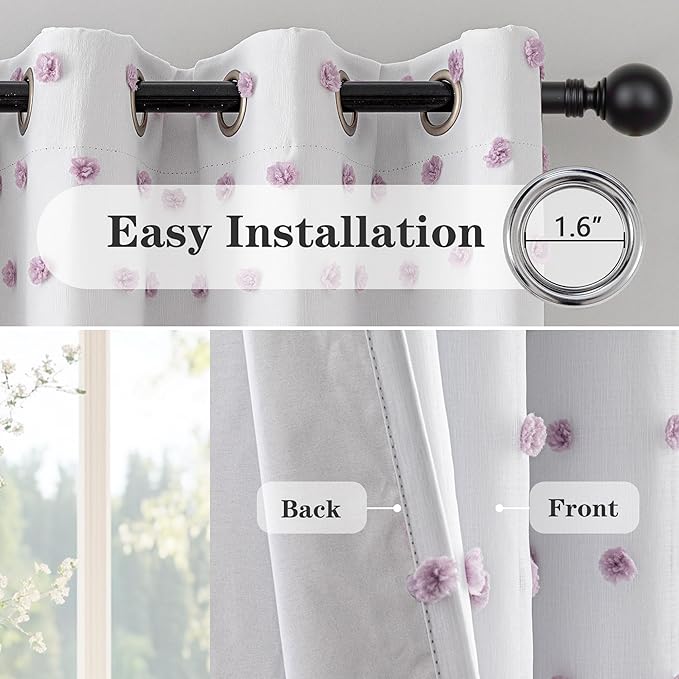 MEETSKY 100% Blackout Curtains for Girls Bedroom 63 Inch Length 2 Panels,Full Light Blocking Purple Pom Pom Curtains for Kids Room,Room Darkening Kitchen Window 2 Layered Drapes 52W x 63L