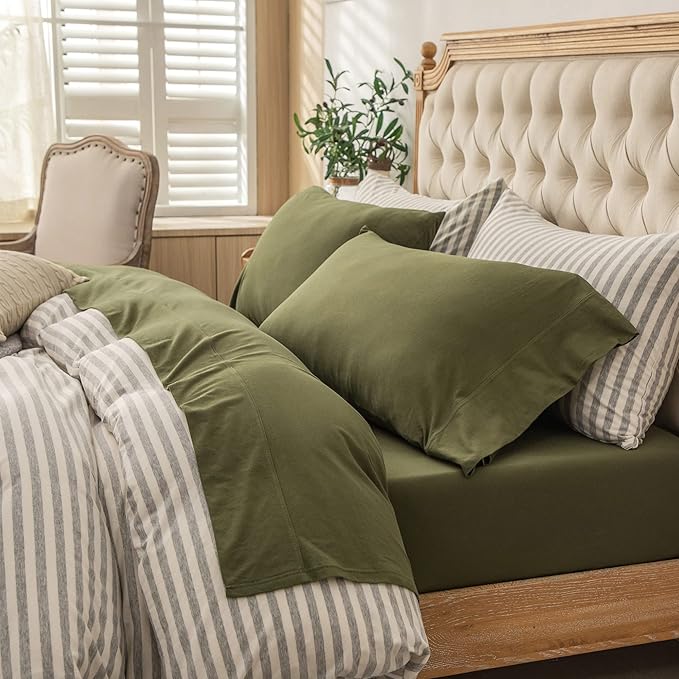 PURE ERA Jersey Knit 3pc Bed Sheet Set 100% T-Shirt Cotton Super Soft Comfy Breathable Fits Mattress Up to 20" Extra Deep Pocket (Solid Olive Green, Twin)