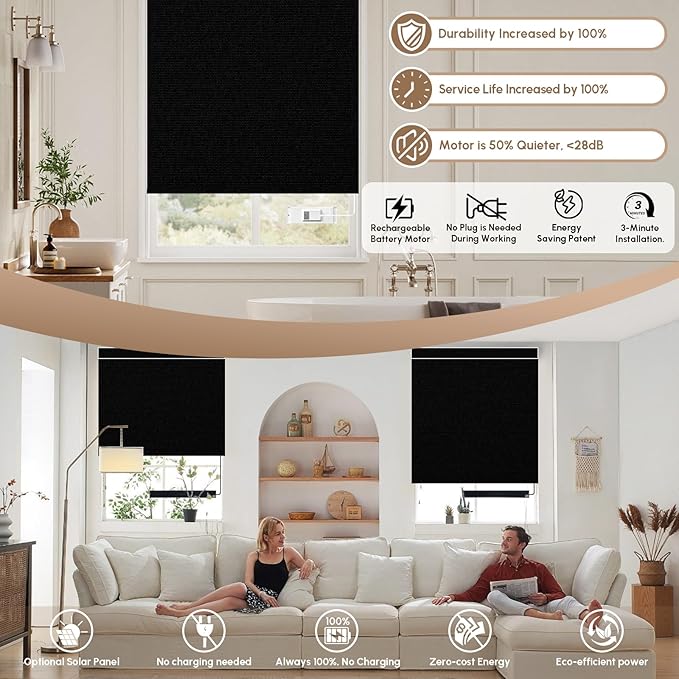 Kincmo No Drill Motorized Blinds with Remote, 100% Blackout Roller Shades for Windows, Custom Electric Blinds Compatible with Alexa, Apple Homekit, Google Home (100% Blackout Waterproof Vinyl Black)