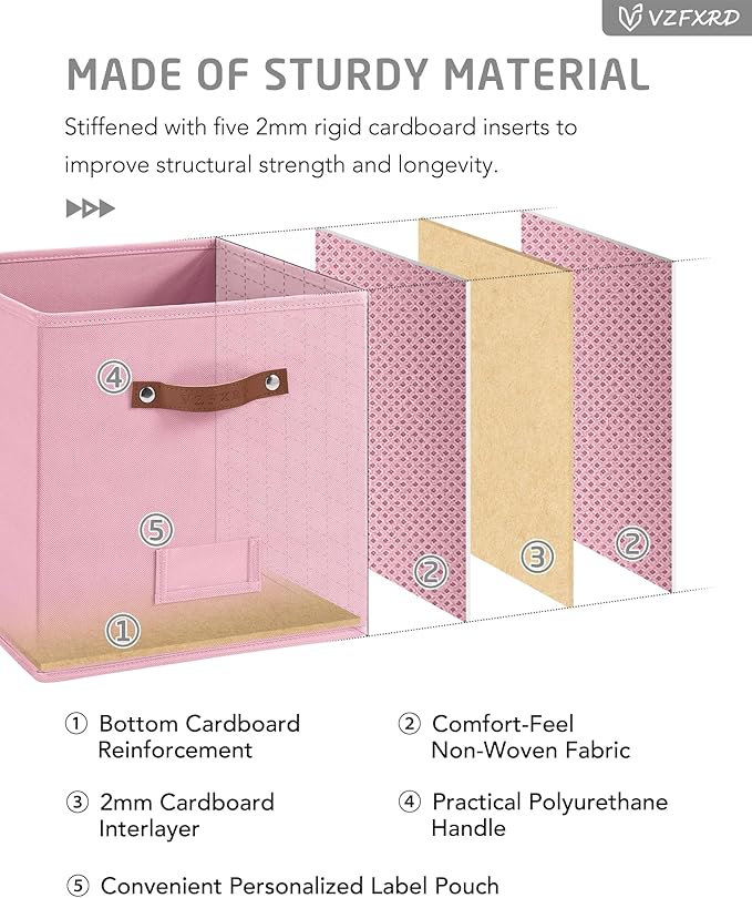 13 Inch Cube Storage Bin Fabric Basket with Handles and Labels, Cube Storage Organizer for Closet, Bedroom, Living Room (Pink,6 Pack)