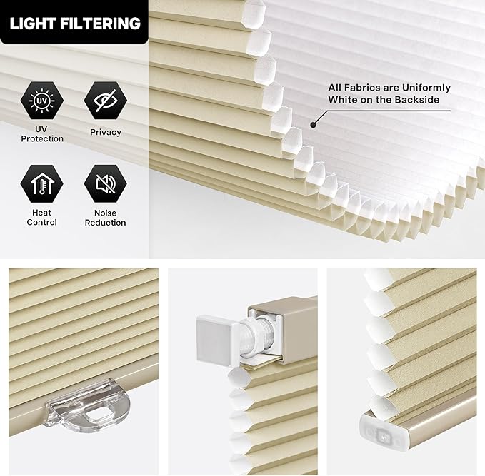 LazBlinds Cordless Cellular Shades, No Tools No Drill Light Filtering Honeycomb Shades Pleated Blinds for Windows, 29'' W x 64'' H, Mocha