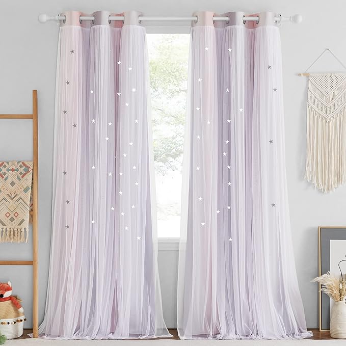 NICETOWN Girls Curtains for Bedroom 84 inches Long Nursery Blackout Nursery Star Cutout Pink & Grey Ombre Curtains for Living Room Decor, 2 Panels, 42" Wide per Panel, Pink & Grey