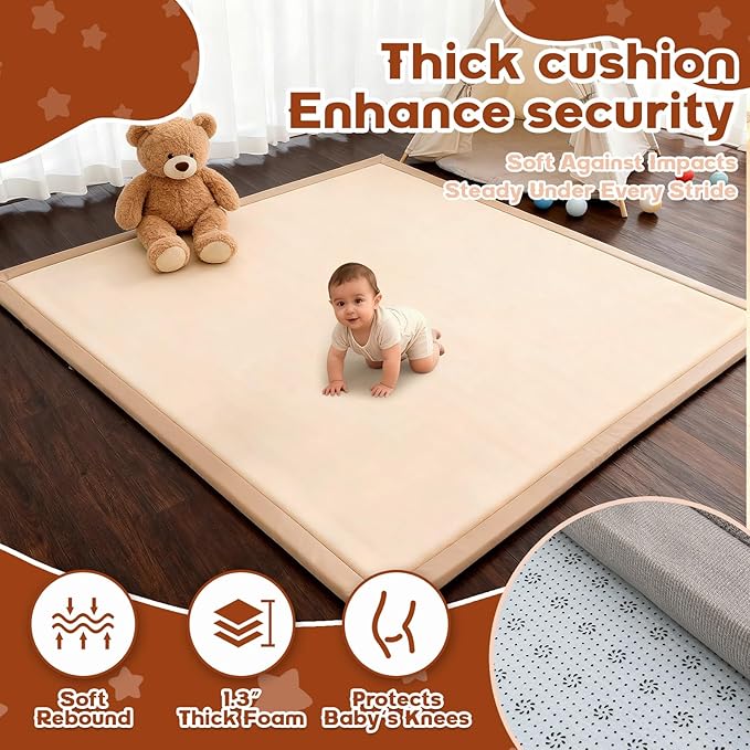 Baby Play Mat for Floor,1.3" Thick Elasti-Foam Playpen Mat for Tummy Time, Easy Care with Non-Slip Cushioned for Infant,Kids and Toddler Crawling