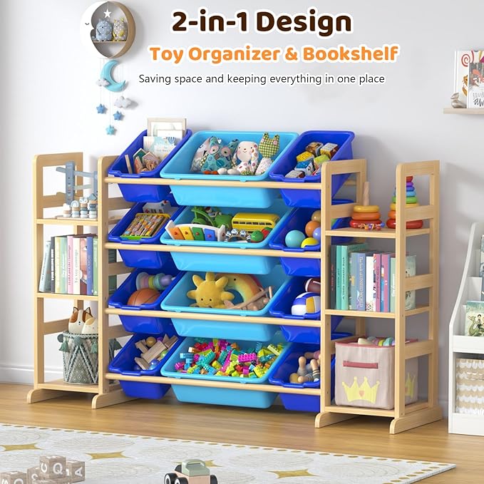 Large Toy Storage Organizer Kids Toy Organizer and Bookshelf Combo with 12 Bins and 6 Shelves Toy Organization Box Toy Shelf for Playroom, Bedroom, Nursery