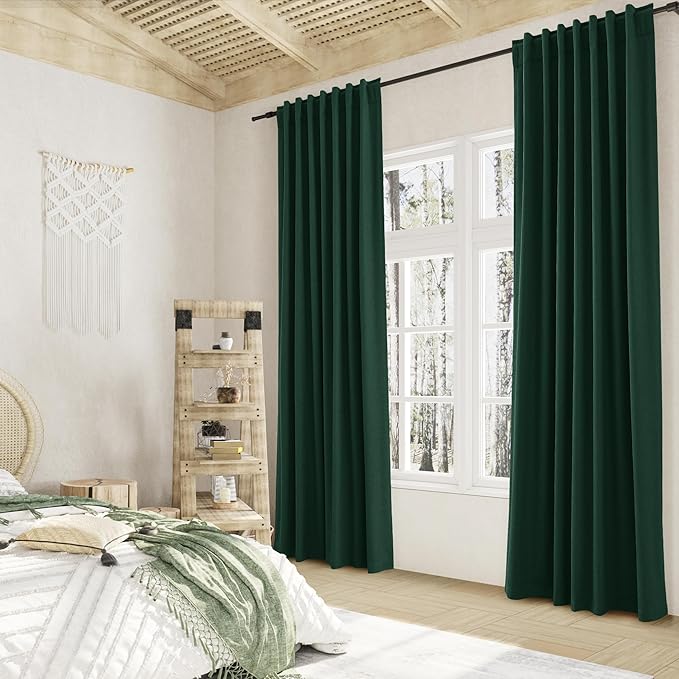 Guken Dark Green 100% Blackout Curtains 108 Inch Length 2 Panels Set for Living Room Bedroom Back Tab Thermal Insulated Black Out Linen Drapes Decor，52x108