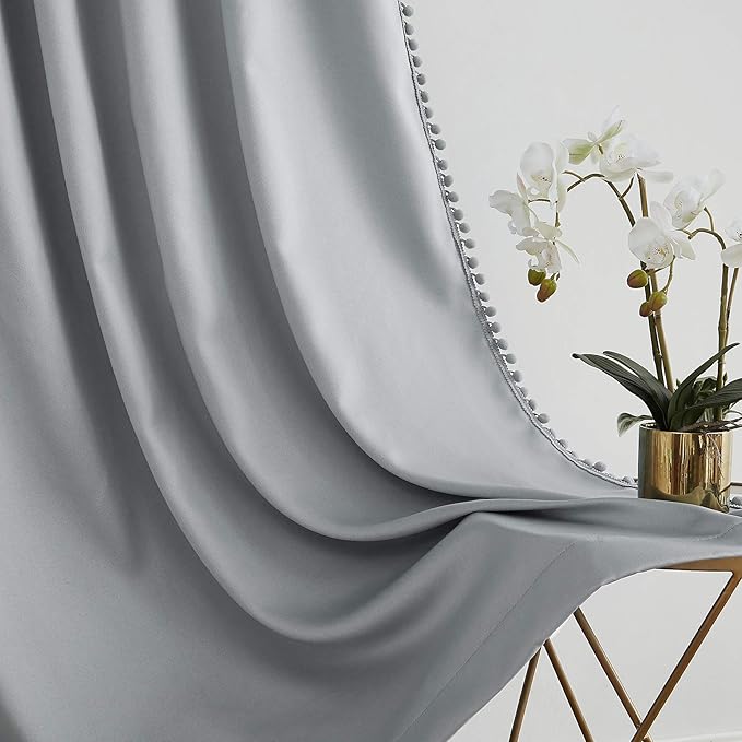 Treatmentex Grey Extra Wide Blackout Curtains 100x84 Length Pom Pom Grey Sliding Door Curtains for Bedroom Thermal Insulated Living Room Divider Drapes Grommet Top 1pc, 7' Tall by 8.5' Wide
