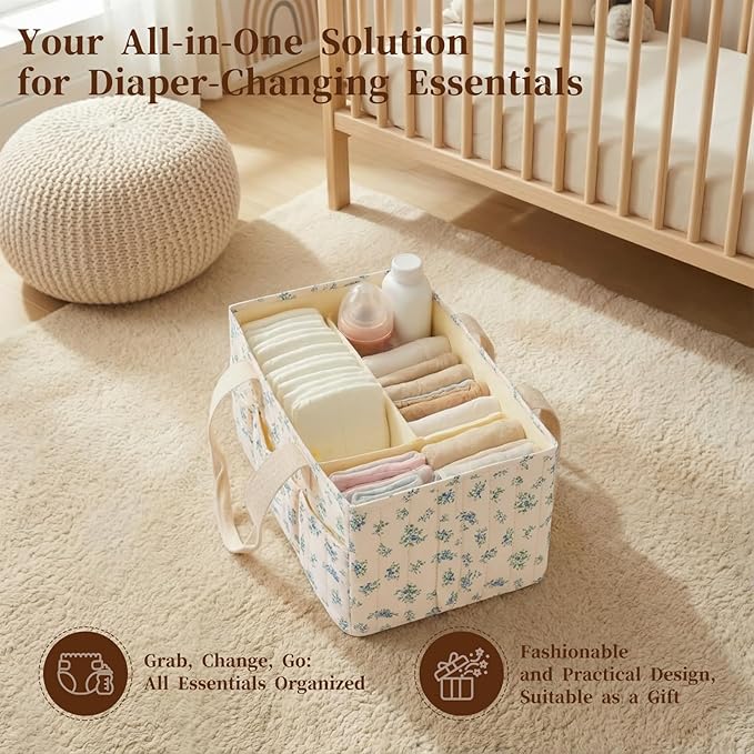 Baby Diaper Caddy Organizer with Portable Changing Mat-Portable Baby Organizers and Storage, Gift for Baby Shower, Baby Essentials Organizer with Removable Dividers (Blue Floral)