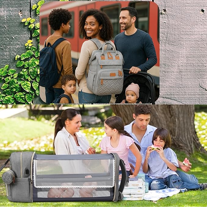 Baby Diaper Bag with Changing Station, Waterproof Diaper Bag Backpack for Mom/Dad, Baby Shower Gifts, w/USB Charging Port, Insulated Bottle Holders & Pacifier Case, XL Storage Backpack, Grey
