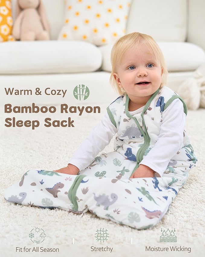 FIEMOL Rayon Made from Bamboo Baby Sleep Sack 0-6 Months, 1.0 Tog Baby Wearable Blanket, Soft Sleeping Bag for Newborn Infant Babies with 2-Way Zipper 2 Pack (Small) Green Dinosaur