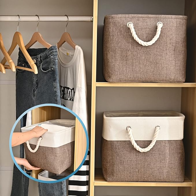 HOdo Home 15.8×11.8×9.5In/3PCS Fabric Storage Bin with Drawstring Closure and 2 Bold Handles, Collapsible Large Canvas Storage Baskets for Organizing Shelf Nursery Home Closet (Brown)