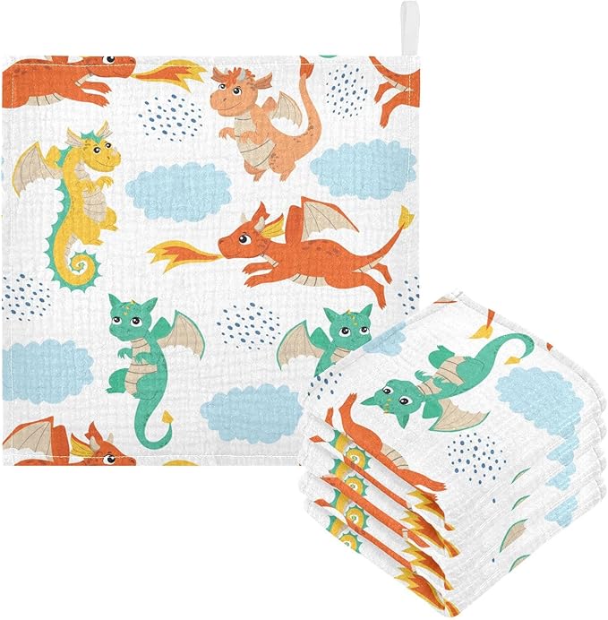 vvfelixl Flying Dragons Baby Burp Cloths Baby Muslin Washcloths for Boys Girls Cotton Baby Face Towel for Newborn Infants Soft and Absorbent 11.8 X 11.8 in, 5 Pack