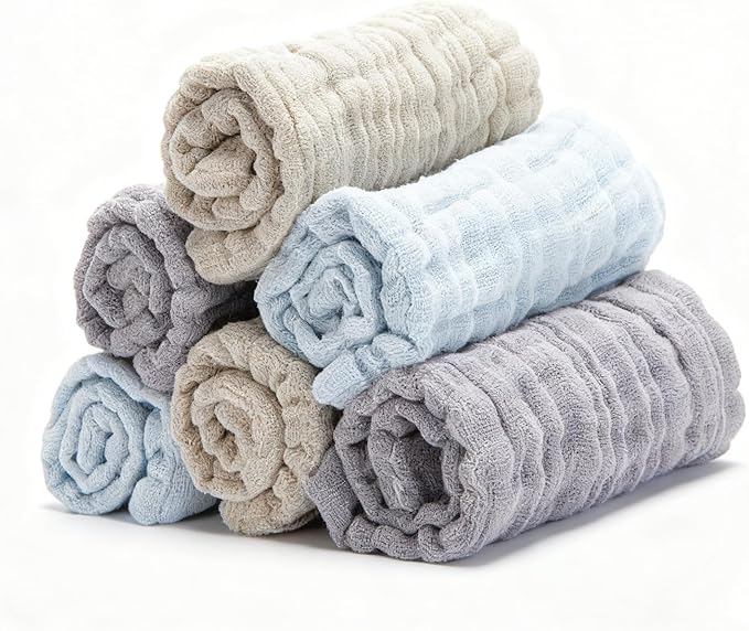 Bear Rocket Organic Muslin Baby Washcloths 6 Pack Baby Bath Face Towel 12x12 Inch Extra Absorbent and Soft Burp Cloth and Wash Cloths for Newborn-Infants On Sensitive Skin (Blue Brown Grey)