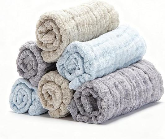 Bear Rocket Organic Muslin Baby Washcloths 6 Pack Baby Bath Face Towel 12x12 Inch Extra Absorbent and Soft Burp Cloth and Wash Cloths for Newborn-Infants On Sensitive Skin (Blue Brown Grey)