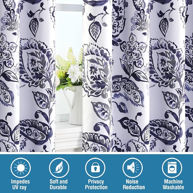 H.VERSAILTEX 100% Blackout Curtains for Bedroom Paisley Floral Printed Curtains 84 Inches Long Grommet Curtains & Drapes Thermal Curtains Window Treatments with Black Liner 2 Panels, Navy