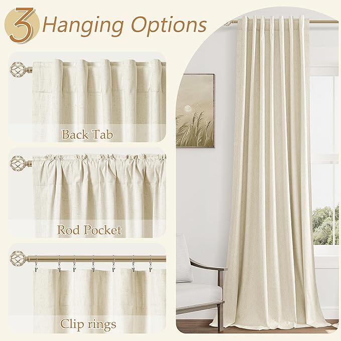 Guken 100% Blackout Curtains 90 Inch Length 2 Panels Set for Living Room Bedroom Back Tab Thermal Insulated Black Out Linen Drapes Room Darkening Window Curtains 90 Inches Long,Warm Beige