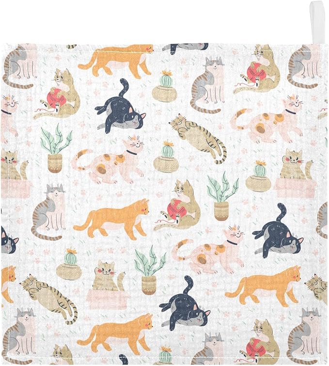 vvfelixl Baby Washcloths Cotton Funny Cats Cactus Baby Muslin Washcloths Soft Baby Face Towel for Newborn Infants Baby Wipes, 11.8 X 11.8 Inch, 3 Pack