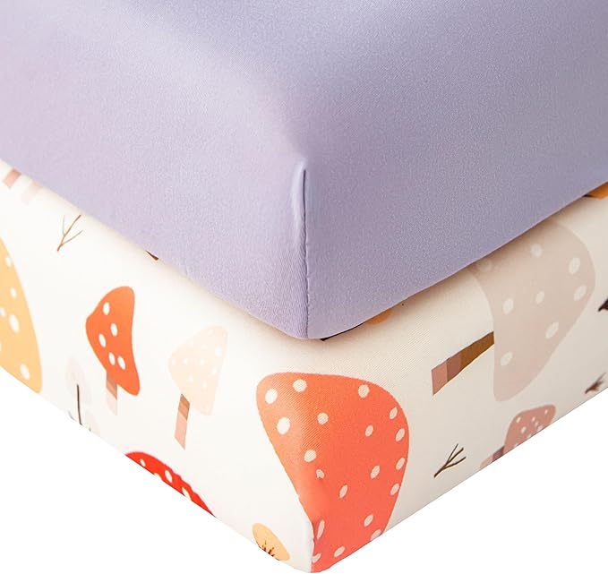 SDIII Mushroom Pack N Play Sheets Fitted 2 Pack Stretchy Microfiber Jersey Knit Purple Mini Crib Sheet for Mattress 38x26 Soft Toddler Playard Bedding