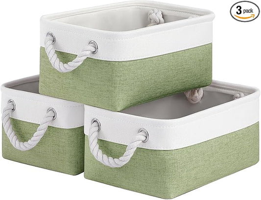 Storage Baskets for Shelves 11.8x7.9x5.2 Inch, Foldable Fabric Storage Bins with Handles, Small Storage Baskets for Organizing Closet, Office, Home Organization (3-Pack, White&Green)