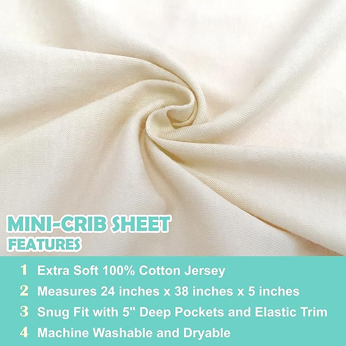 American Baby Company 2 Pack 100% Natural Cotton Fitted Mini Crib Sheets 38" x 24" - Soft & Breathable Small Nesting Portable Sheets, Fits Pack N Play Mattresses, Cream, for Boys & Girls