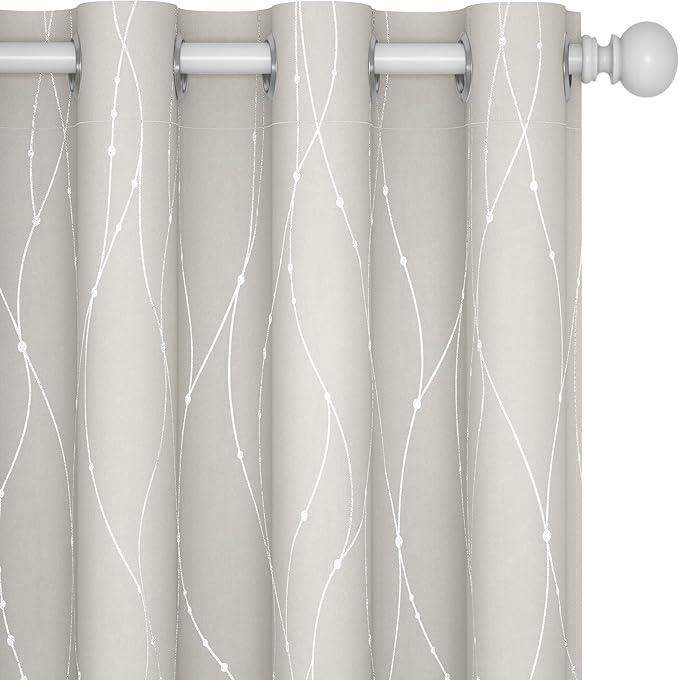 Deconovo Beige Blackout Curtains, Room Darkening Curtain, Thermal Insulated Soundproof Drapes, Silver Wave Dots Print, 52 x 54 Inch, Machine Washable Window Panels for Kitchen Nursery Office, Set of 2