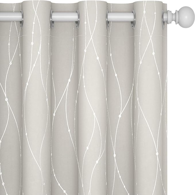 Deconovo Room Darkening Curtain, Beige Curtain, Thermal Insulated Noise Reducing Drapes, Silver Wave Dots Print, 52 x 108 Inch Long, Grommet Window Panels for Living Room Sliding Glass Door, Set of 2