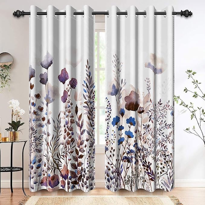 Renaiss Wild Flowers Blackout Curtains, Pastel Botanical Floral Print Thermal Insulated Bedroom Window Curtains, Nature Plants Window Drapes for Living Room, 108" L x 53" W 2 Panel Set