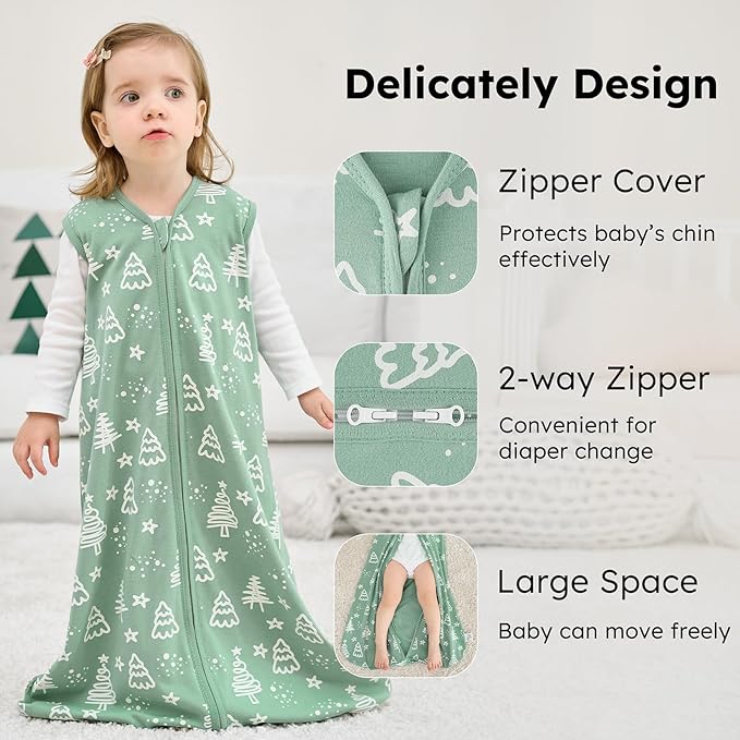 FIEMOL Baby Sleep Sack 6-12 months, 100% Cotton Sleeping Sack for Newborn and Infant, 3 Pack Baby Wearable Blanket for Boy and Girl, 0.5 Tog Lightweight Double Zipper Sleep Bag Green Apricot Bear