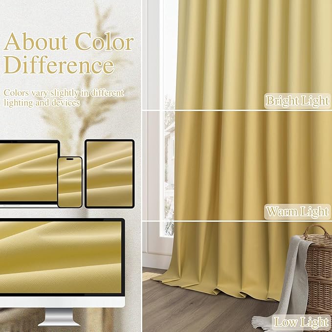 Guken Yellow 100% Blackout Curtains 96 Inch Length 2 Panels Set for Living Room Bedroom Back Tab Thermal Insulated Black Out Linen Drapes Room Darkening Window Curtains 96 Inches Long