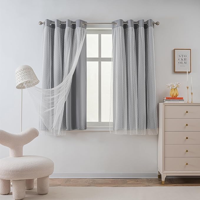 MYSKY HOME 70% Blackout Curtains for Girls Bedroom & Nursery Kids Grey Cute Curtains 63 inch Long Double Layer with Polka Dots Sheer, Grommet Tops, 52" Wide Each Panel, 2 Panels