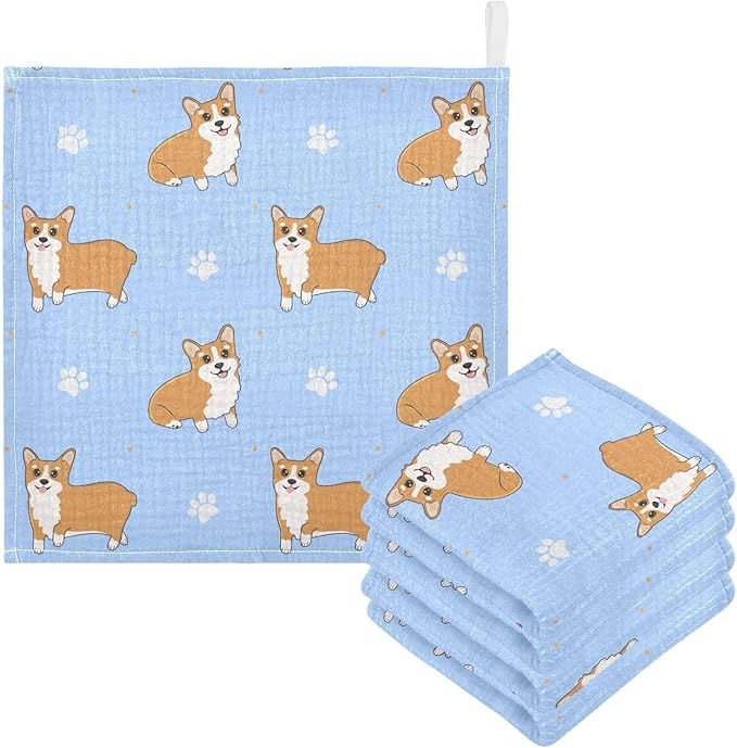 vvfelixl Corgi Paws Baby Burp Cloths Baby Muslin Washcloths for Boys Girls Cotton Baby Face Towel for Newborn Infants Soft and Absorbent 11.8 X 11.8 in, 5 Pack