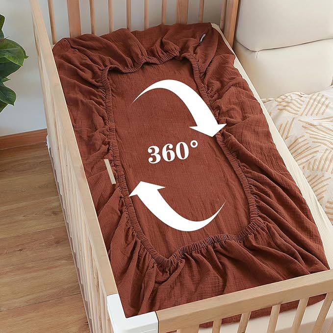 Breathable Muslin Crib Sheets for Boys 2 Pack Organic Cotton Crib Sheets Neutral for Baby Girls Soft Sheets Fitted Toddler Bed&Standard Crib Mattress 28"x 52"(Brown&Rainbow)