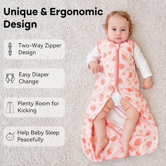 Unnivoll Baby Sleep Sack 0-6 Months 0.5 Tog Wearable Blanket Baby, 3 Pack 100% Cotton Lightweight Sleeping Sack with 2-Way Zipper for Newborn Infant Strawberry