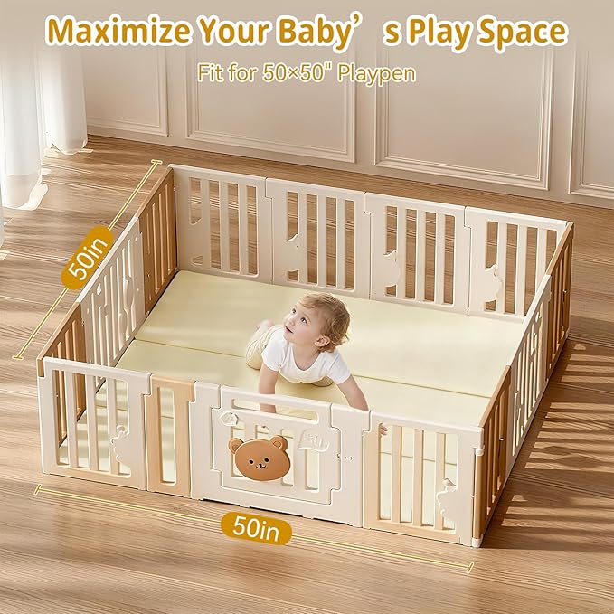 Baby Play Mat, 48 x 48 Inch Foldable PU Leather Waterproof Playpen Mat, 1.6" Extra Thick Foam Floor Mat for Infants and Toddlers, Non-slip Toddler Activity Playmat Cushion, Beige