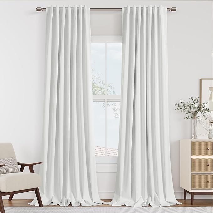 Guken White 100% Blackout Curtains 120 Inch Length 2 Panels Set for Living Room Bedroom Back Tab Thermal Insulated Black Out Linen Drapes Room Darkening Window Curtains