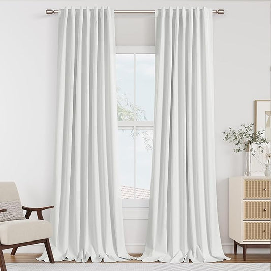 Guken White 100% Blackout Linen Curtains 96 Inch Length 2 Panels Set for Living Room Bedroom Back Tab Thermal Insulated Black Out Linen Drapes Room Darkening Window Curtains