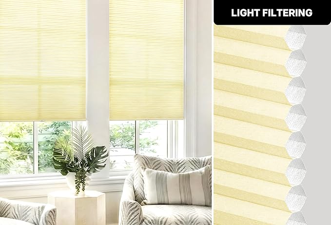LazBlinds Cordless Cellular Shades, No Tools No Drill Light Filtering Honeycomb Shades Pleated Blinds for Windows, 27'' W x 64'' H, Alabaster