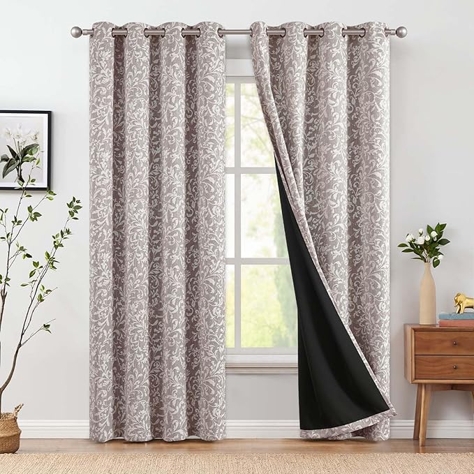 jinchan Blackout Curtains for Bedroom, Taupe Grey Scroll Floral Patterned Curtains 84 Inch Length for Living Room, Vintage Art Deco Drapes, Thermal Insulated Window Curtains Grommet 2 Panels