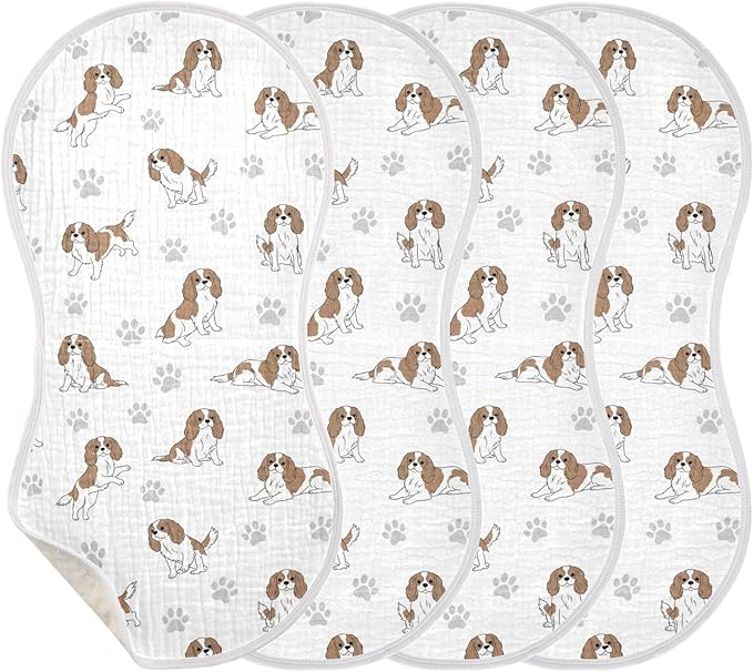 Qinllo 4 Pack Muslin Burp Cloths Cavalier Dogs Paw White Cotton Baby Burp Cloths Ultra Absorbent Burping Cloth Soft Spit Up Rags for Newborn Babies Boys Girls 22x11 Inch