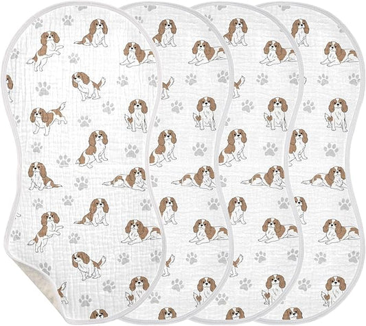 Qinllo 4 Pack Muslin Burp Cloths Cavalier Dogs Paw White Cotton Baby Burp Cloths Ultra Absorbent Burping Cloth Soft Spit Up Rags for Newborn Babies Boys Girls 22x11 Inch