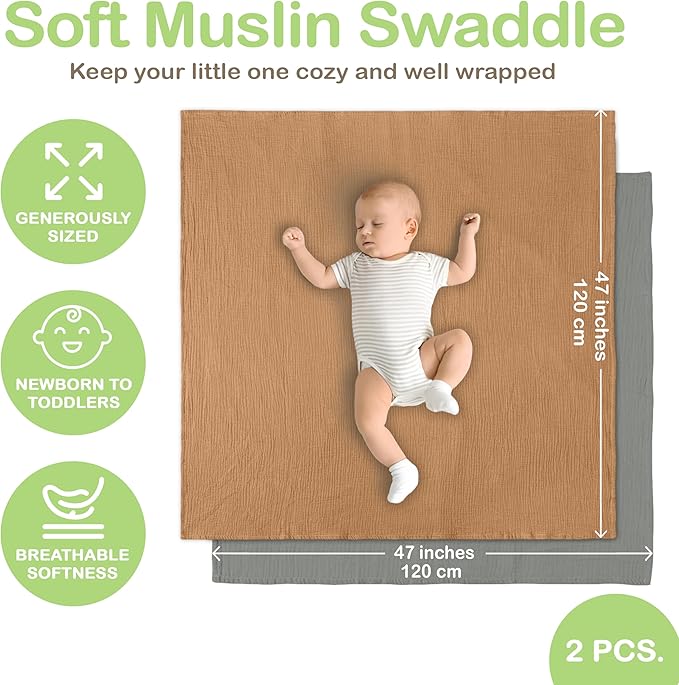 100% Organic Cotton Muslin Baby Blanket - 47 x 47 Inch Breathable Baby Blankets for Girls, Hypoallergenic Double-Layer, Soft and Cozy Newborn Baby Blanket for Sleeping & Everyday (Gold/Sage)